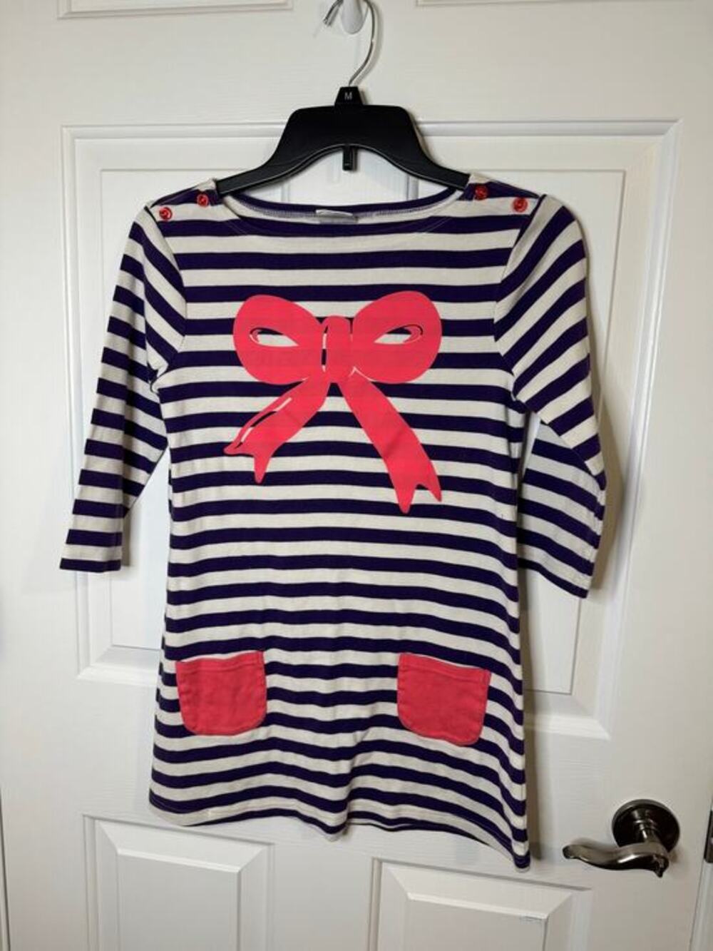Mini Boden British Girls Striped Tunic Dress Purple White Pink Bow 11-12Y